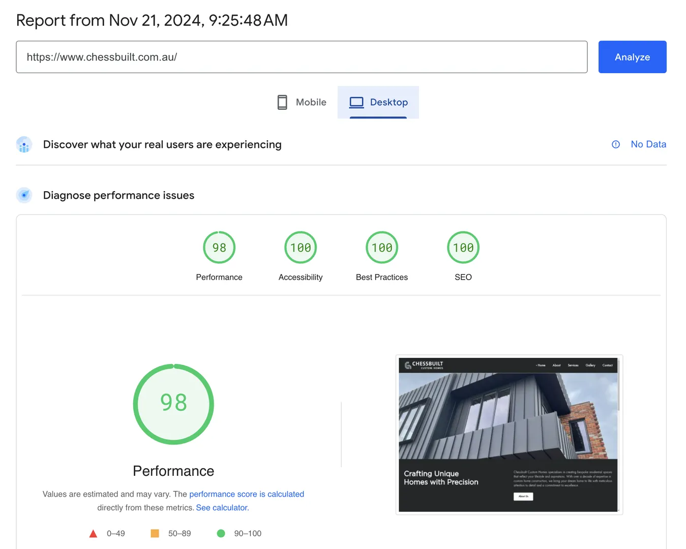 Website performance report, high scores in all categories.