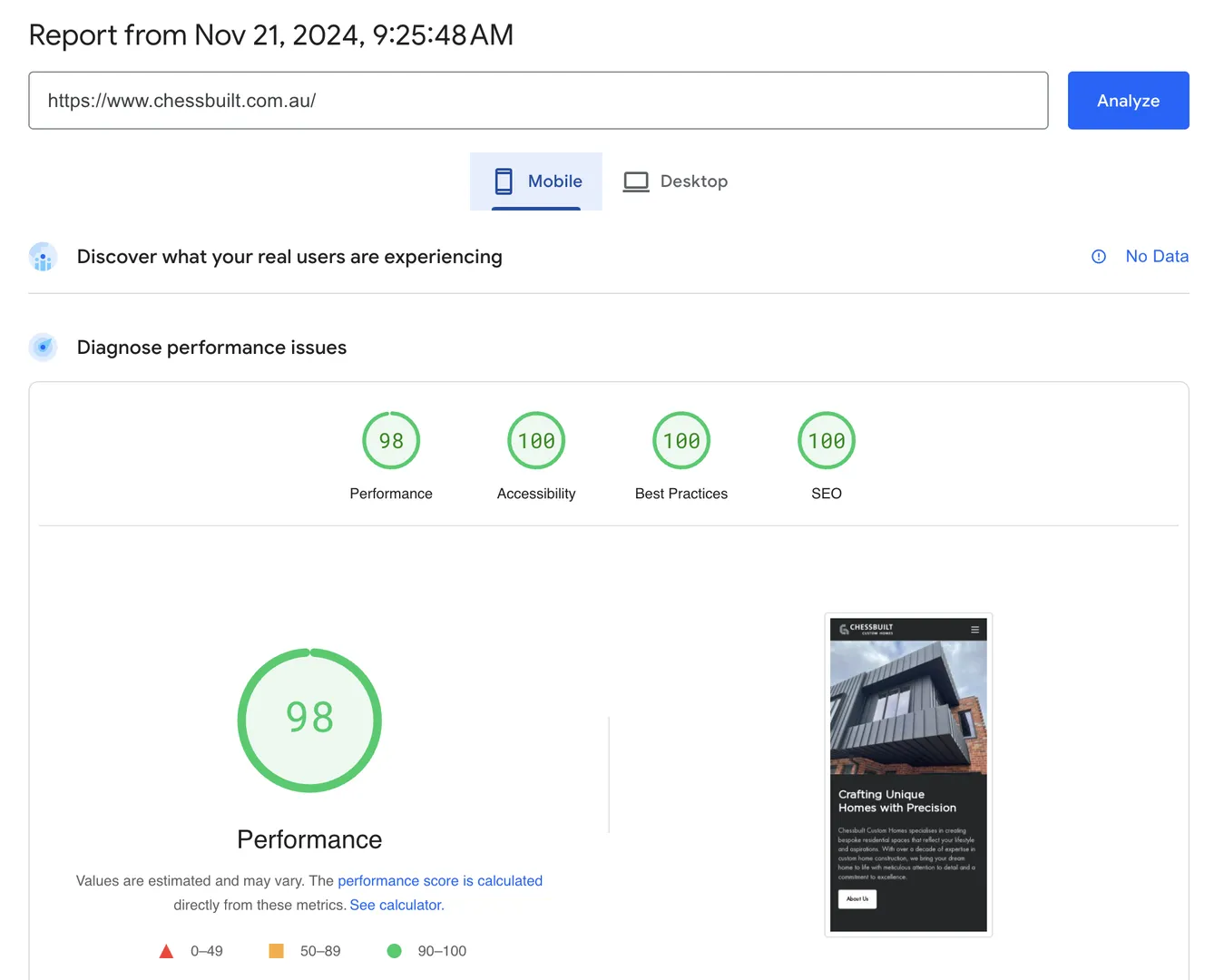 Website performance report for chessbuilt.com.au