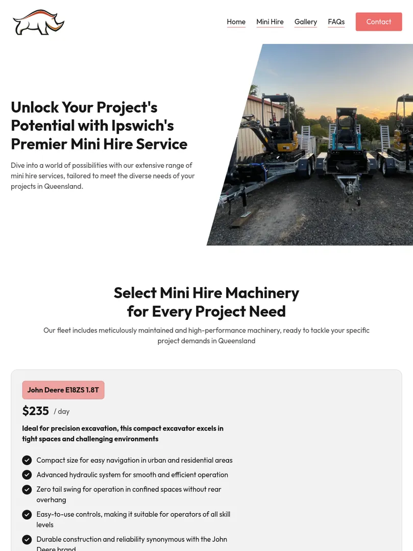 Mini excavators available for hire in Ipswich, Queensland.