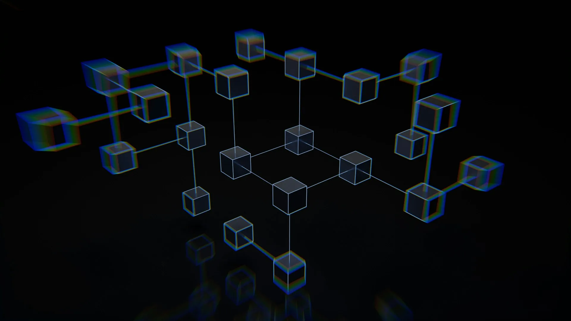 Abstract blockchain network visualization on black background.