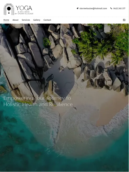 Aerial view of beach and rocks with yoga quote.
