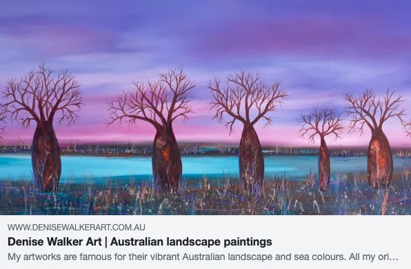 Australian landscape painting with trees and colorful sky.