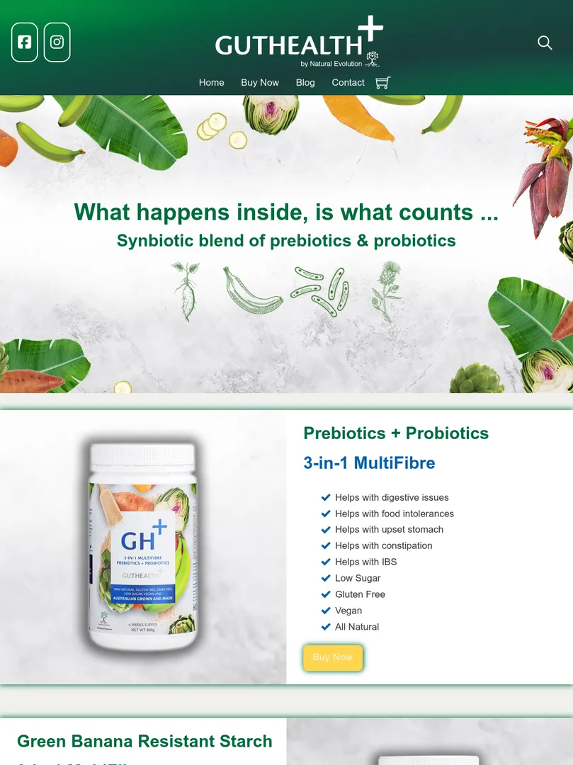 GutHealth prebiotic probiotic supplement bottle and benefits list.