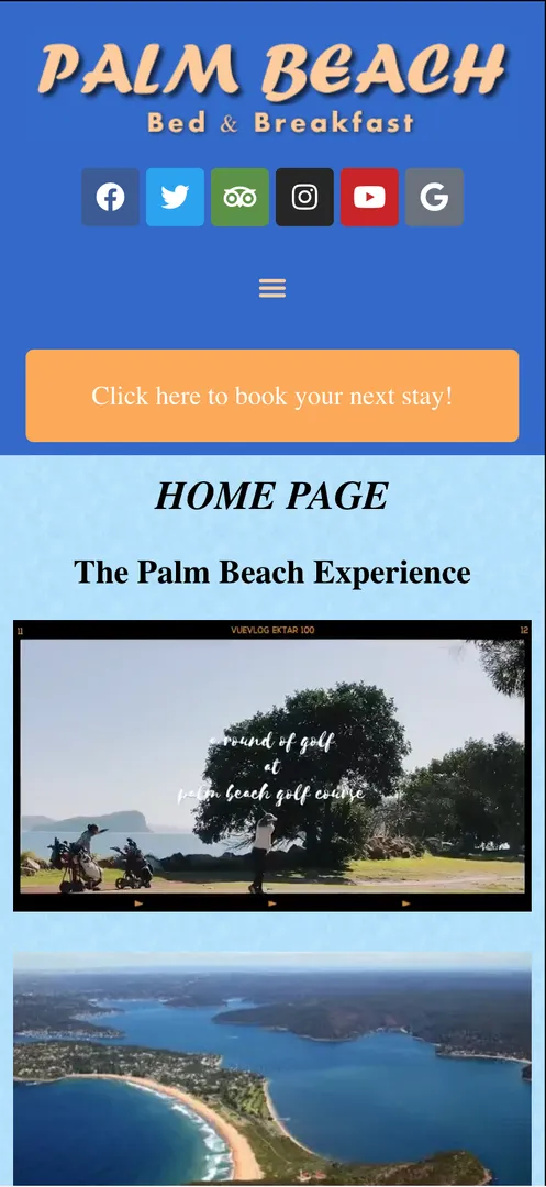 Palm Beach Bed & Breakfast homepage with booking button.