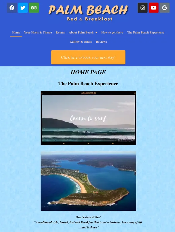 Palm Beach Bed and Breakfast website homepage