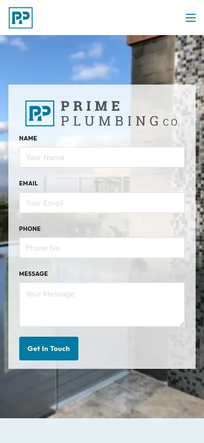 Prime Plumbing Co. contact form interface.