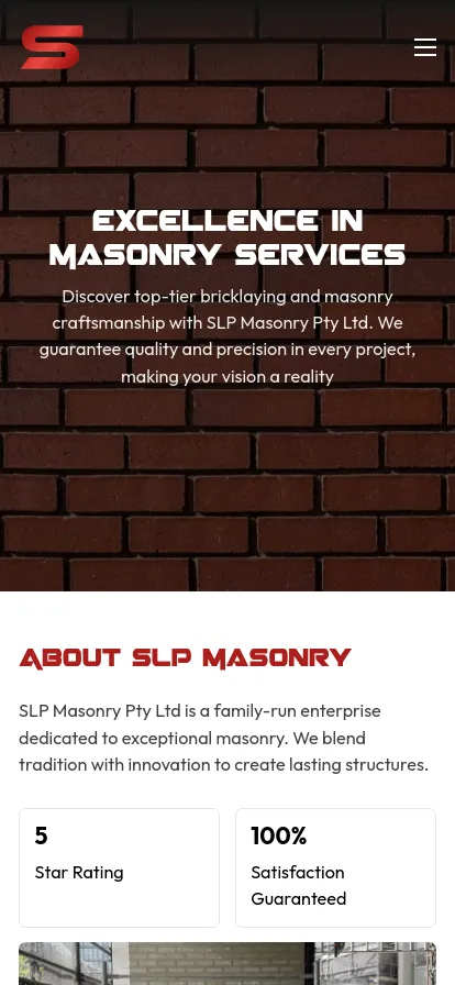 Masonry services company page with brick background.