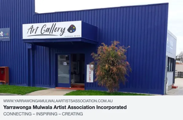 Blue art gallery building exterior in Yarrawonga, Australia.