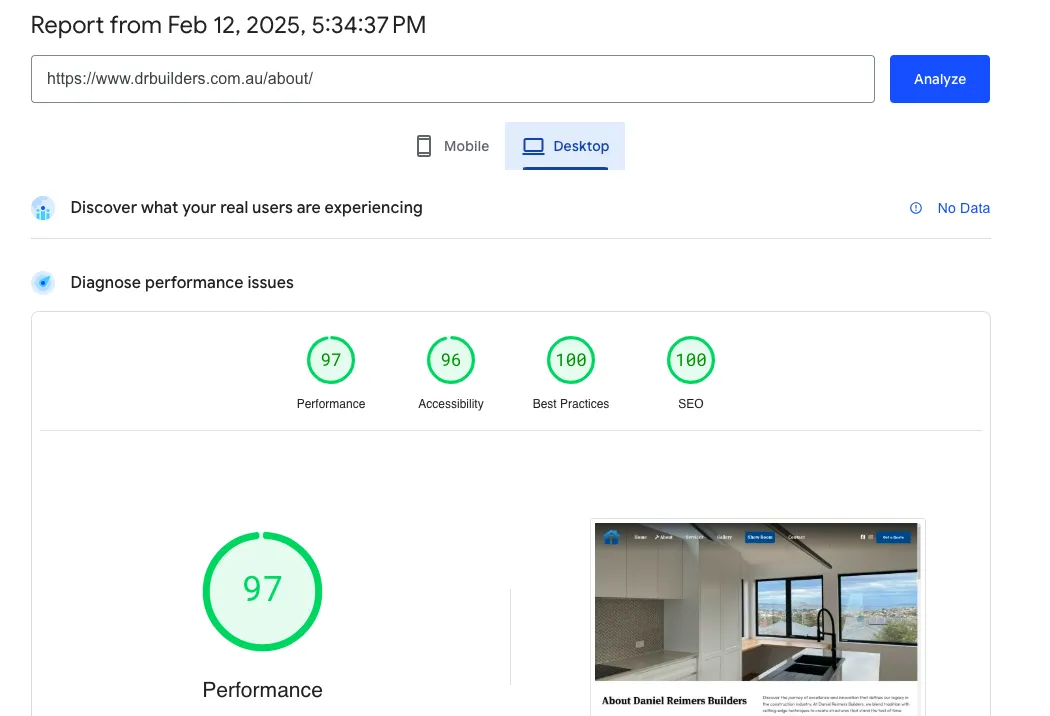 Website performance report with high scores overview.