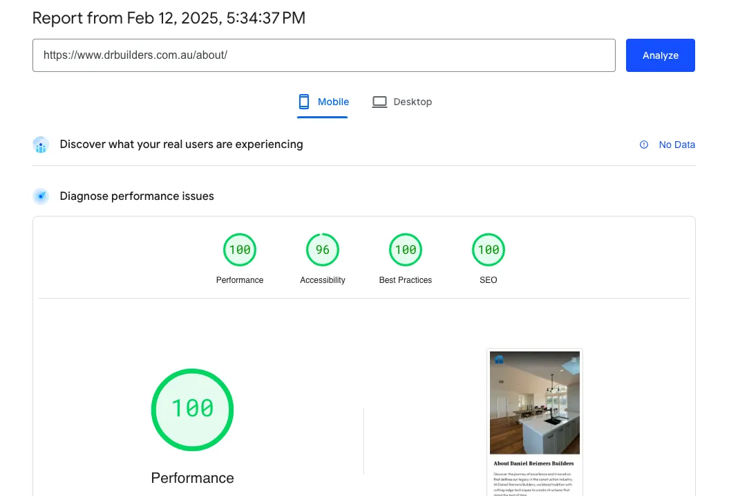Website performance report with high scores