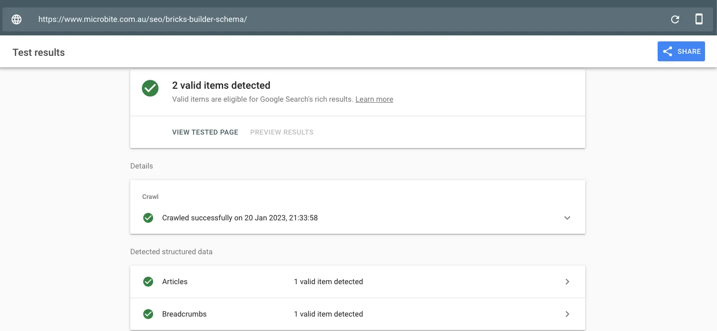 Google Search result test showing valid schema items.
