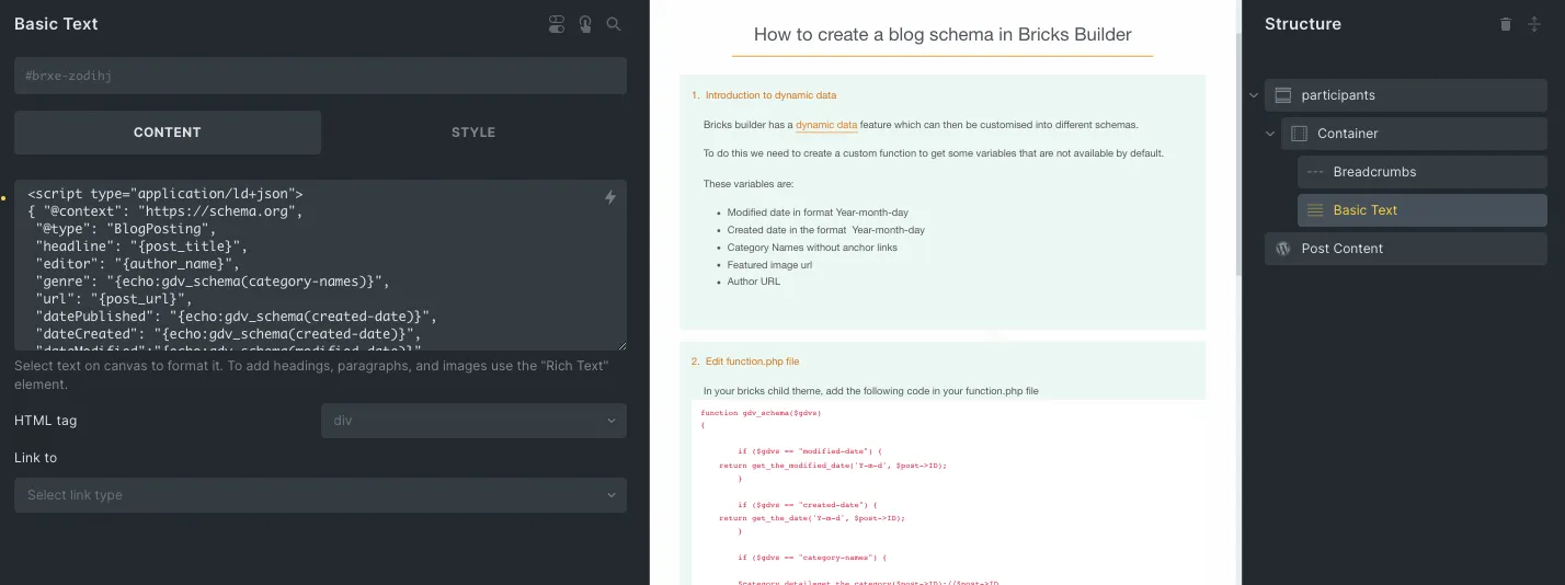 Guide to create blog schema in Bricks Builder interface.