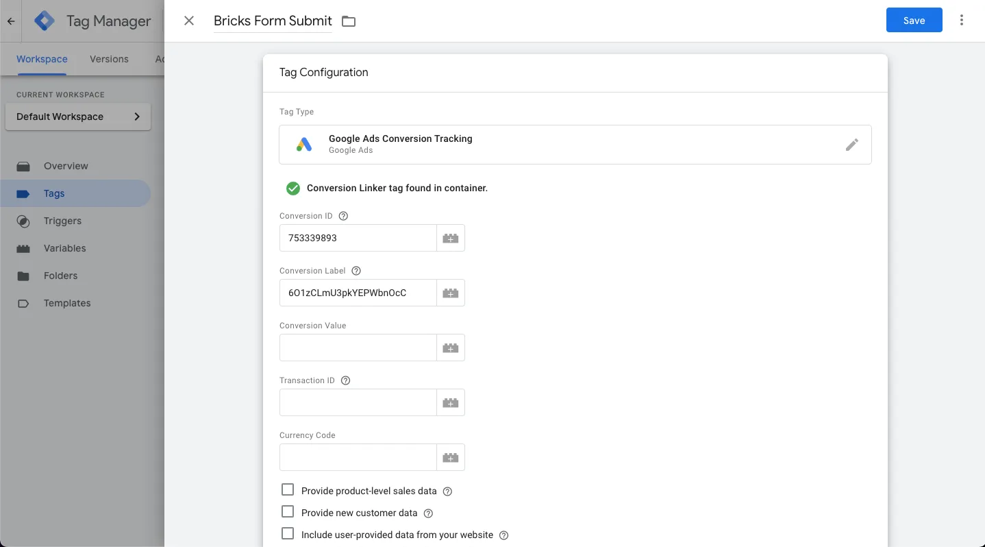 Google Tag Manager conversion tracking settings screen.