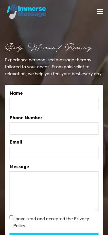 Immerse Massage contact form for personalized therapy.
