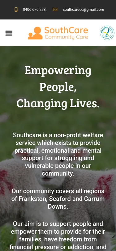 Southcare Community Care homepage screenshot with contact info.