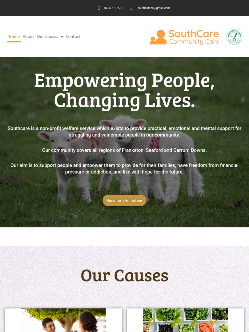 SouthCare Community Care homepage with volunteer button.